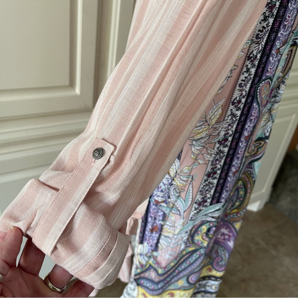 John Mark Mixed Media tunic embroidery linen blend roll tab sleeves Size L - Picture 3 of 16